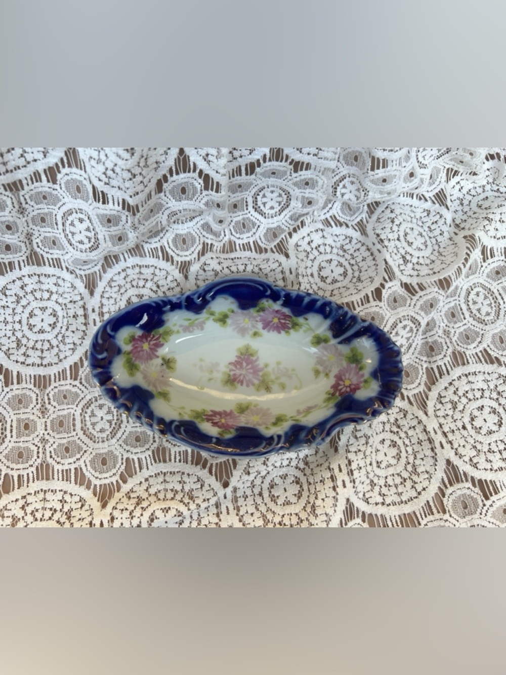 Vintage Nippon Blue Rim Floral Porcelain Relish Dish